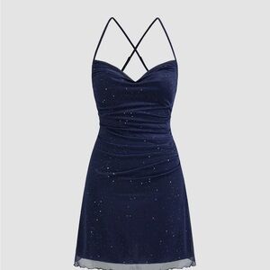 Mesh Cowl Neck Navy Blue Sequin Mini Dress Brand New from Cider size XS with tag